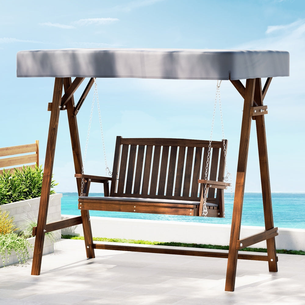 Marlook Outdoor Wooden Swing Chair Garden Bench Canopy Cushion 2 Seater Charcoal