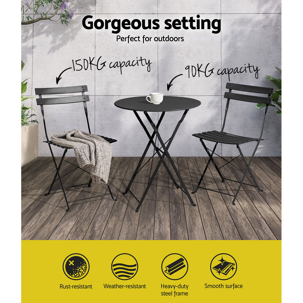Marlook 3PC Outdoor Bistro Set Steel Table and Chairs Patio Furniture Black