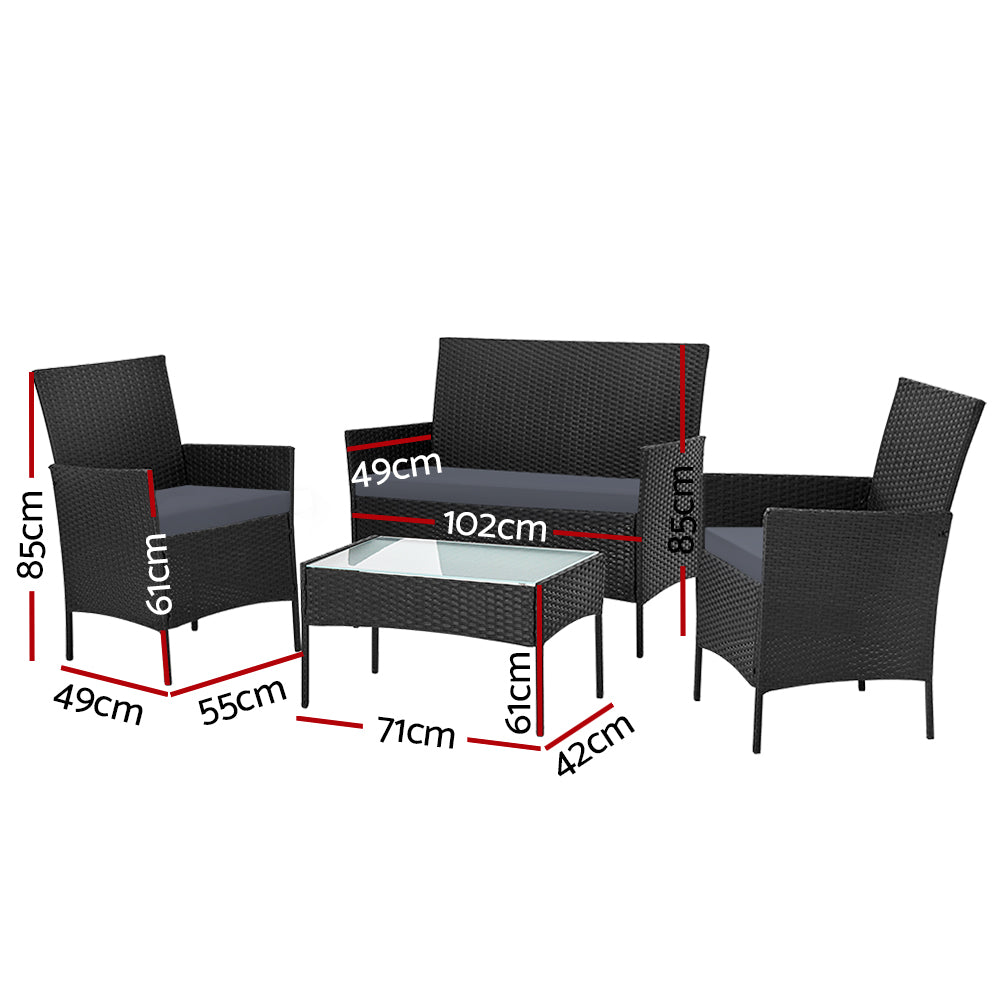 Marlook 4 Seater Outdoor Sofa Set Wicker Setting Table Chair Furniture Black