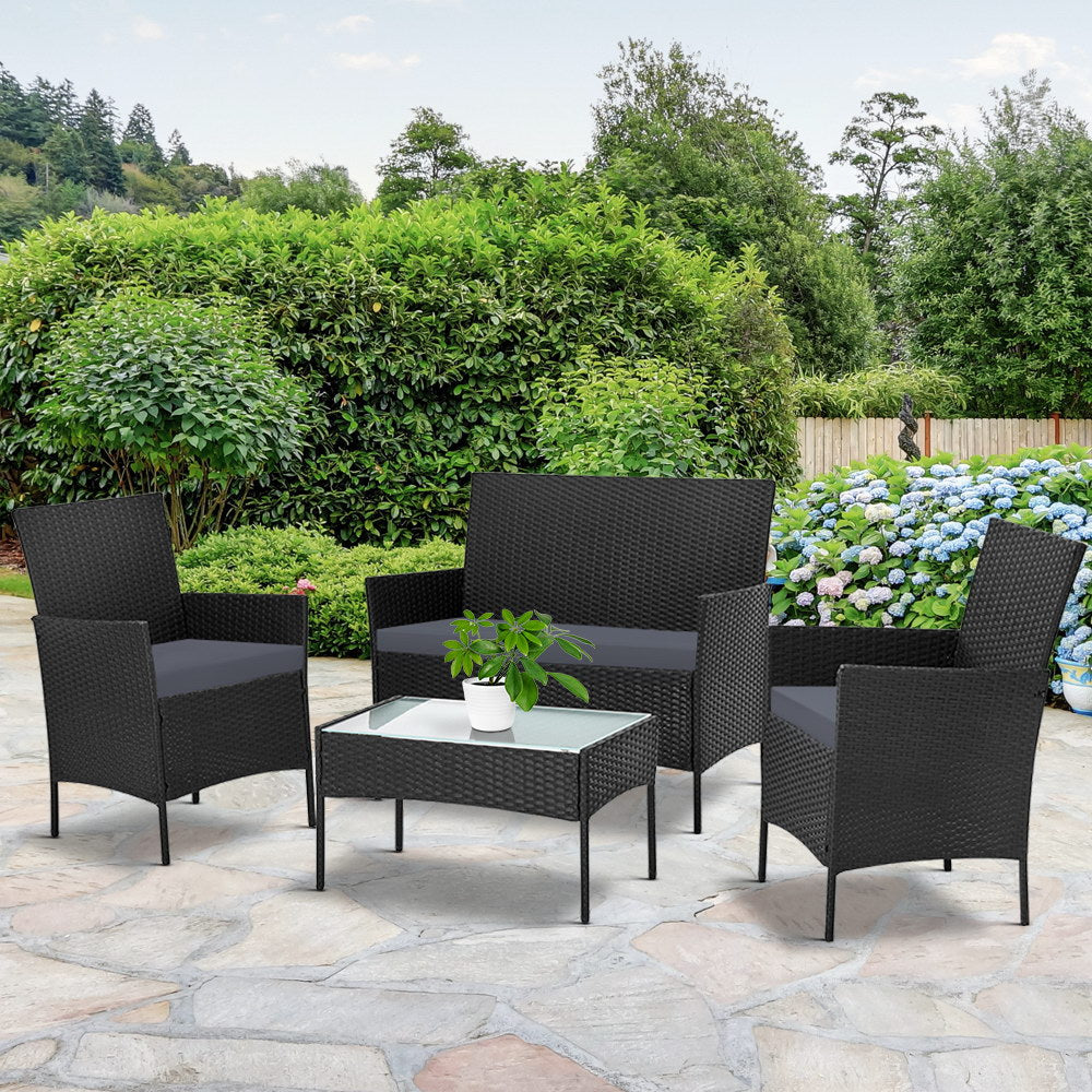 Marlook 4 Seater Outdoor Sofa Set with Storage Cover Wicker Table Chair Black