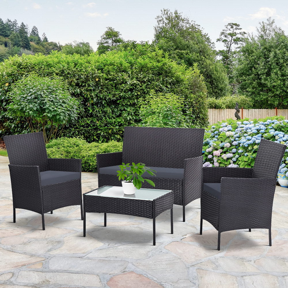 Marlook 4 Seater Outdoor Sofa Set Wicker Setting Table Chair Furniture Dark Grey