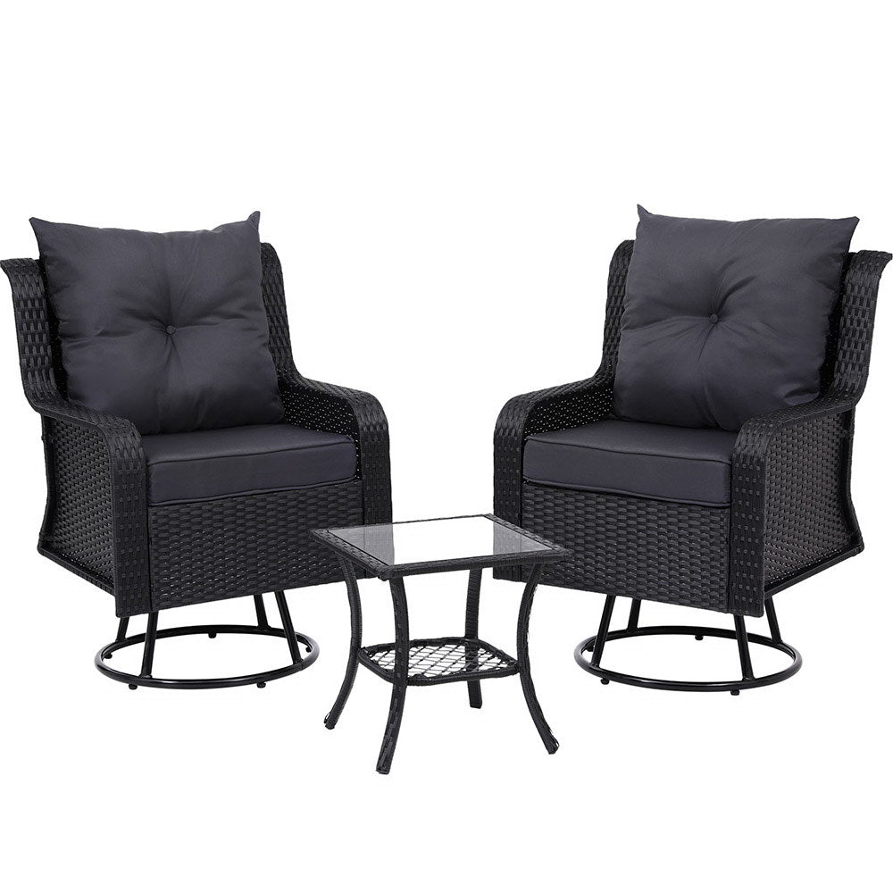 Marlook 3PC Outdoor Furniture Bistro Set Lounge Wicker Swivel Chairs Table Cushion Black