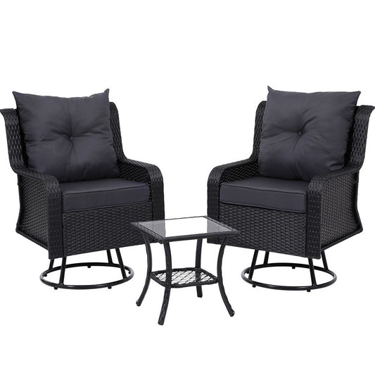 Marlook 3PC Outdoor Furniture Bistro Set Lounge Wicker Swivel Chairs Table Cushion Black