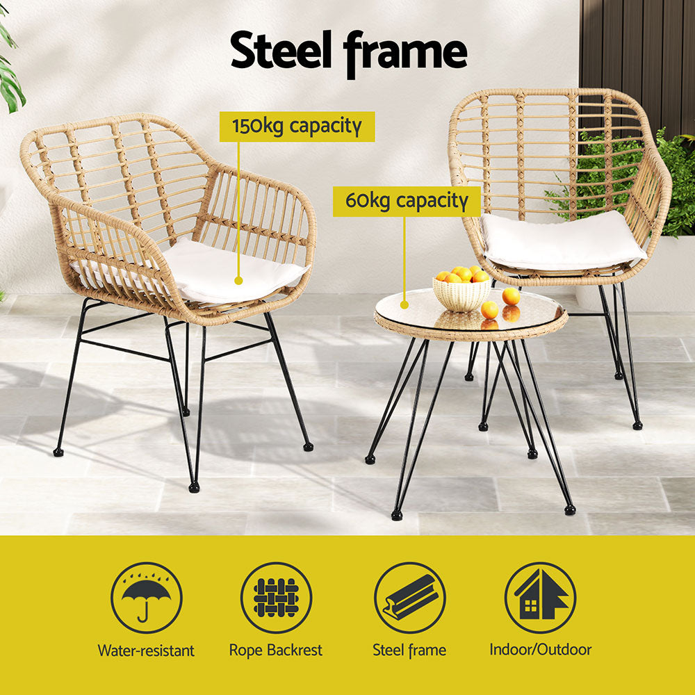 Marlook 3PC Outdoor Furniture Bistro Set Lounge Setting Table Chairs Cushion Patio Grey