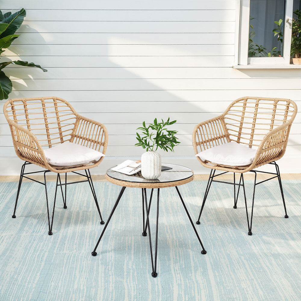 Marlook 3PC Outdoor Furniture Bistro Set Lounge Setting Table Chairs Cushion Patio Grey