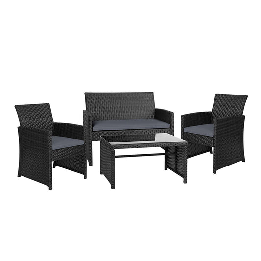 Marlook 4 PCS Outdoor Sofa Set Rattan Chair Table Setting Garden Furniture Black