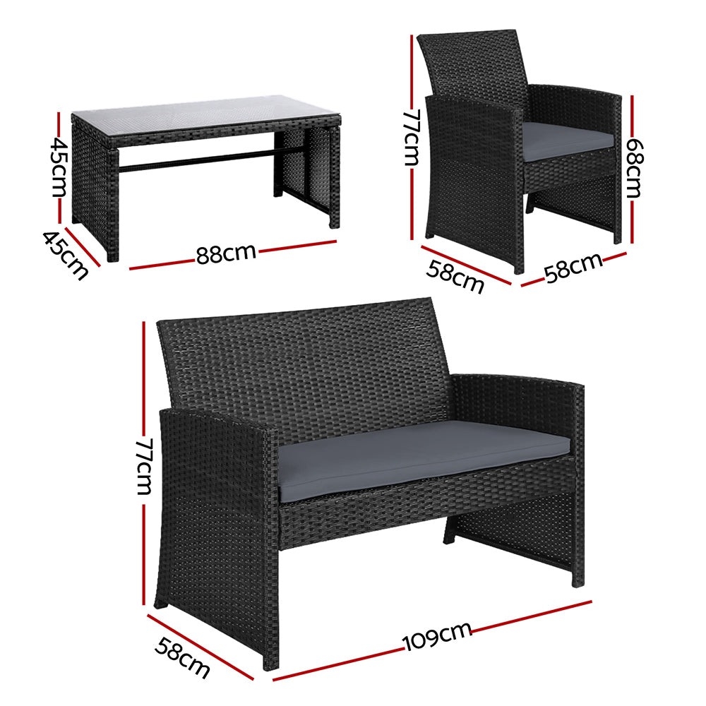 Marlook 4 PCS Outdoor Sofa Set Rattan Chair Table Setting Garden Furniture Black