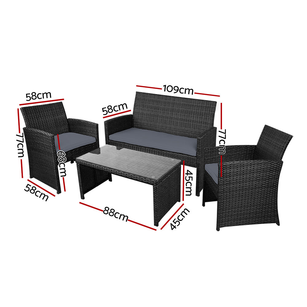 Marlook 4 PCS Outdoor Sofa Set with Storage Cover Rattan Chair Furniture Black