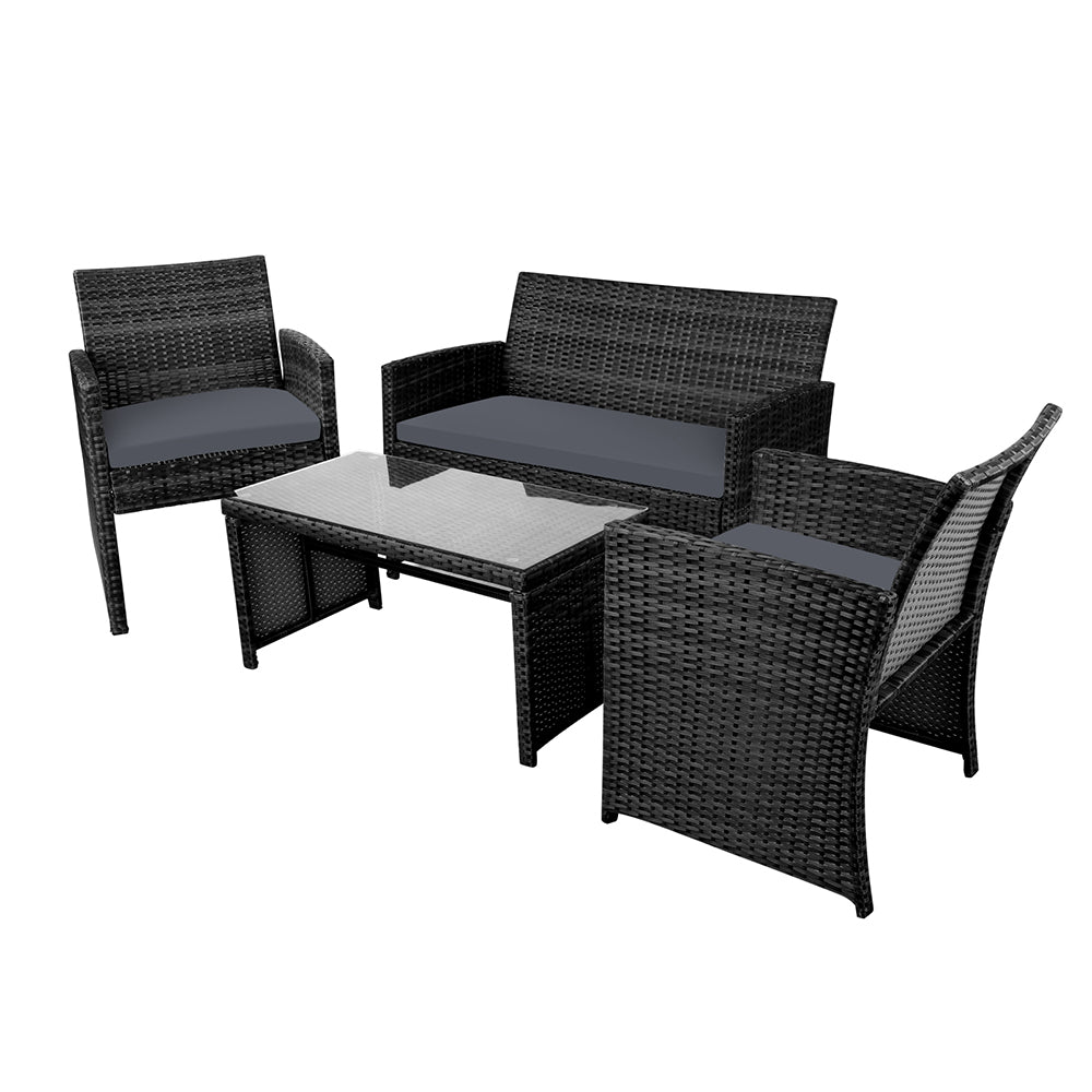 Marlook 4 PCS Outdoor Sofa Set with Storage Cover Rattan Chair Furniture Black