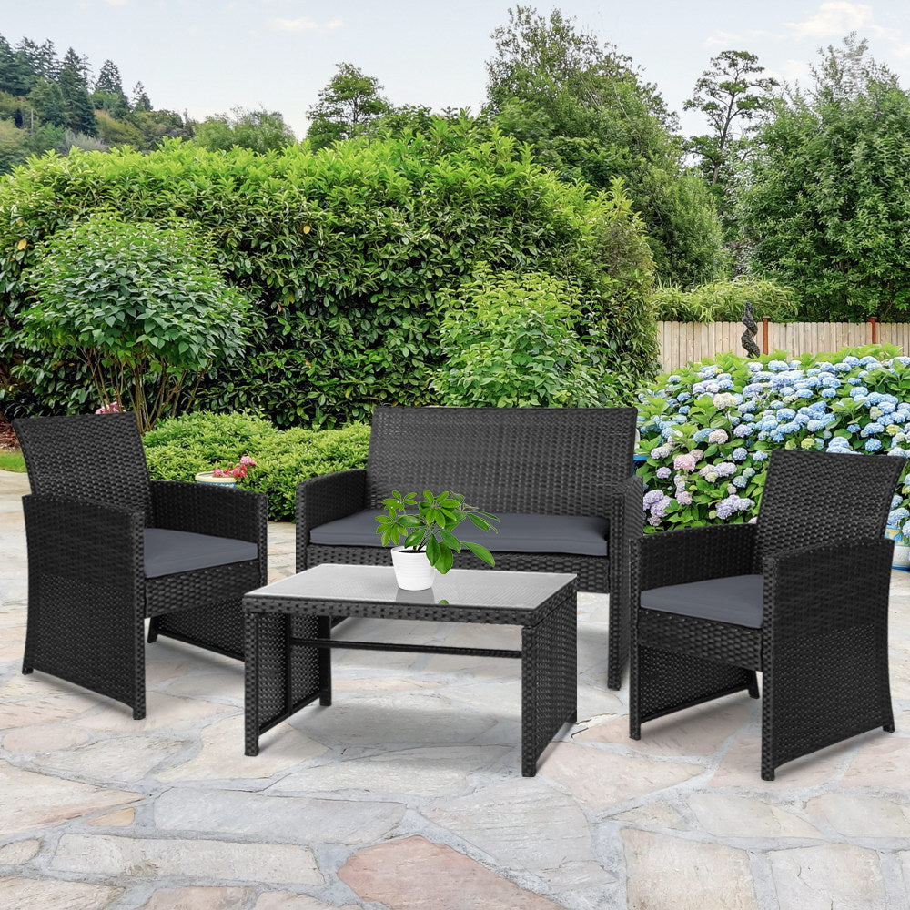 Marlook 4 PCS Outdoor Sofa Set with Storage Cover Rattan Chair Furniture Black