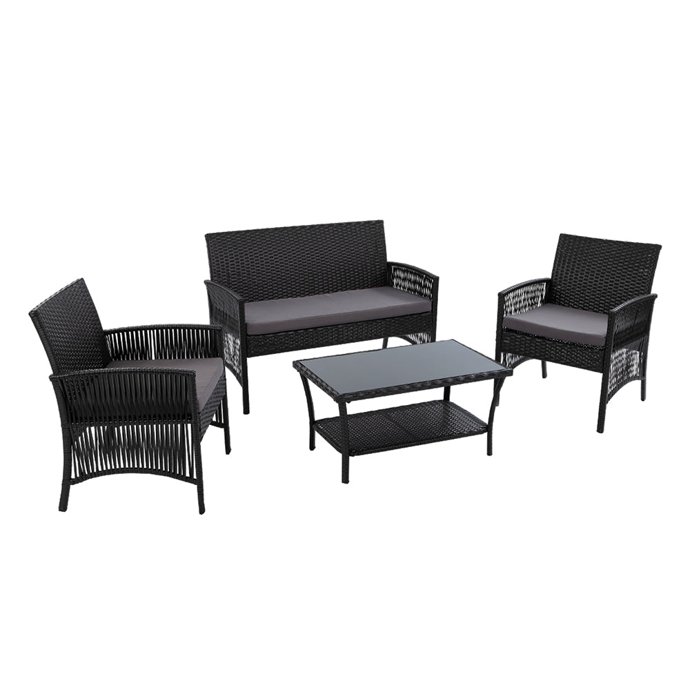 Marlook 4PCS Outdoor Sofa Set Wicker Harp Chair Table Garden Furniture Black