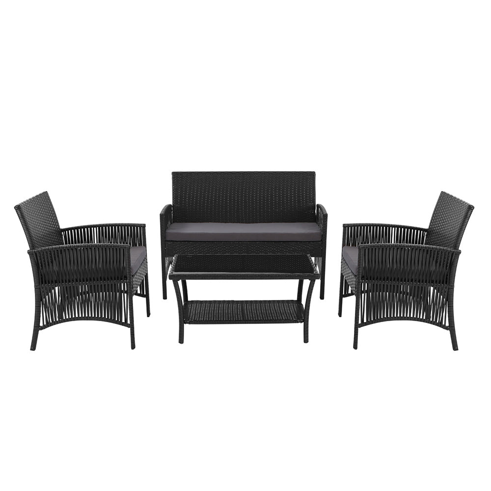 Marlook 4PCS Outdoor Sofa Set Wicker Harp Chair Table Garden Furniture Black