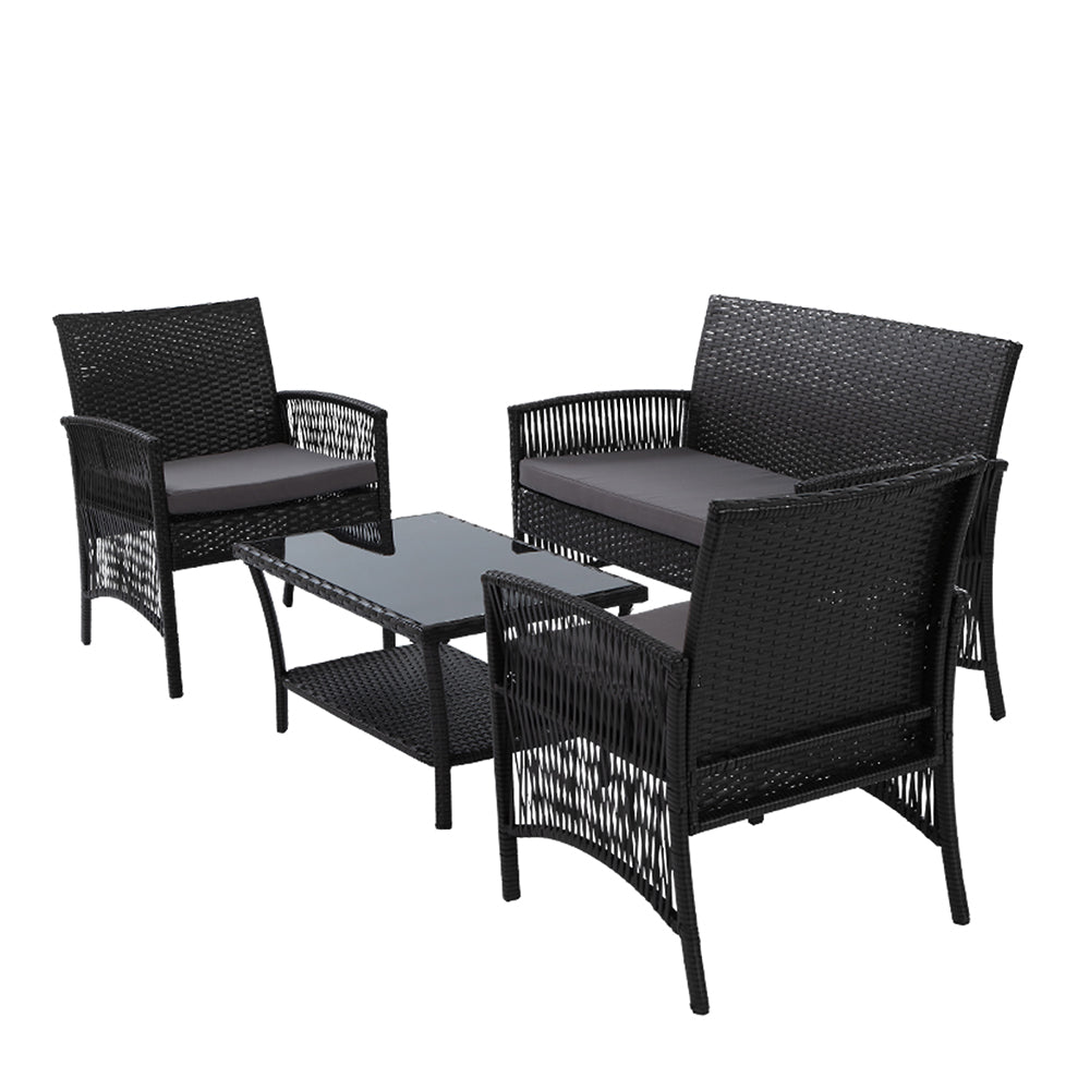 Marlook 4PCS Outdoor Sofa Set Wicker Harp Chair Table Garden Furniture Black