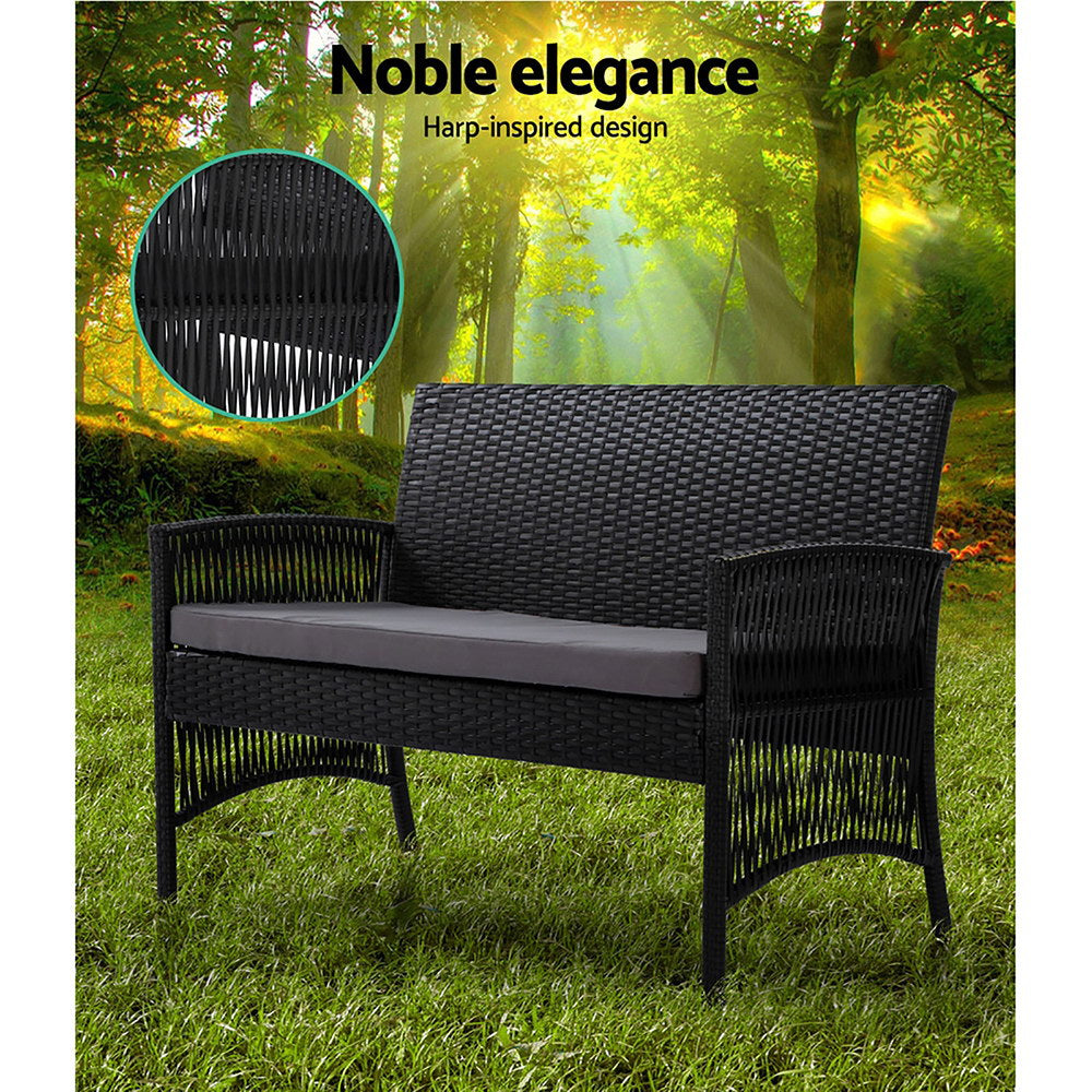 Marlook 4PCS Outdoor Sofa Set Wicker Harp Chair Table Garden Furniture Black