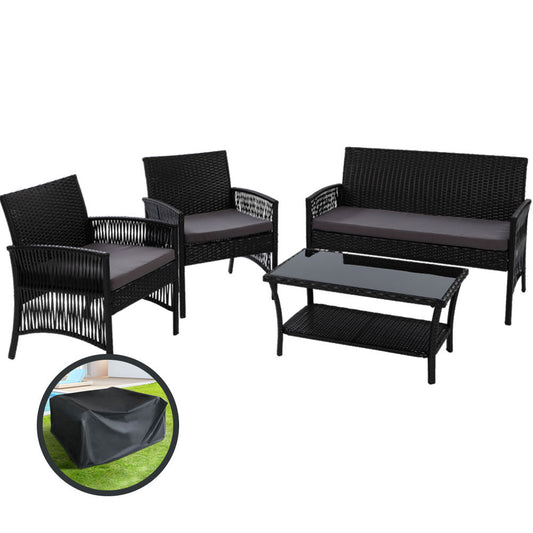 Marlook 4PCS OutdoorSofa Set with Storage Cover Wicker Harp Chair Table Black