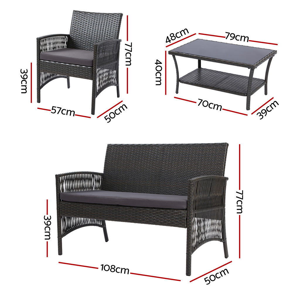 Marlook 4PCS Outdoor Sofa Set Wicker Harp Chair Table Garden Furniture Grey