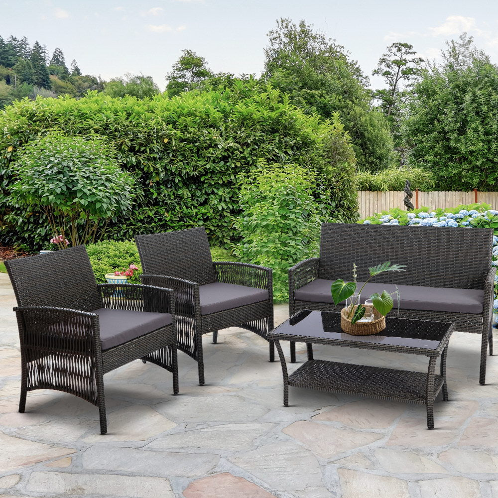 Marlook 4PCS Outdoor Sofa Set Wicker Harp Chair Table Garden Furniture Grey