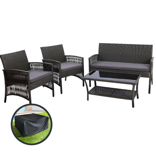 Marlook 4PCS Outdoor Sofa Set with Storage Cover Wicker Harp Chair Table Grey