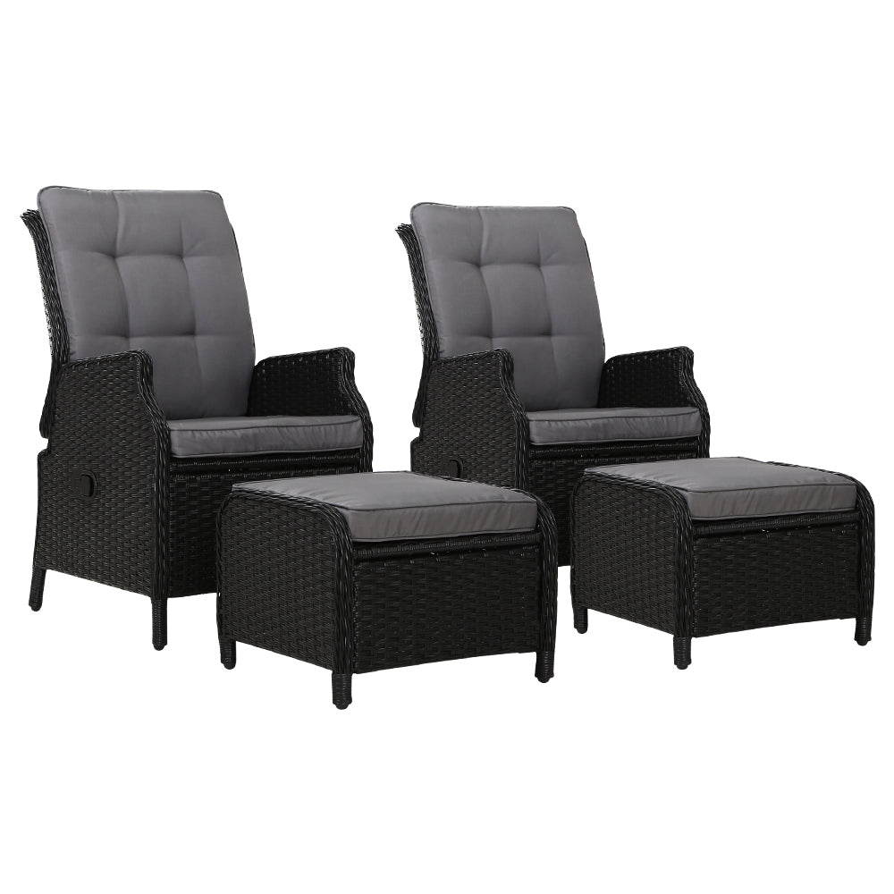 Marlook 2PC Recliner Chair Sun lounge Wicker Lounger Outdoor Furniture Adjustable Black