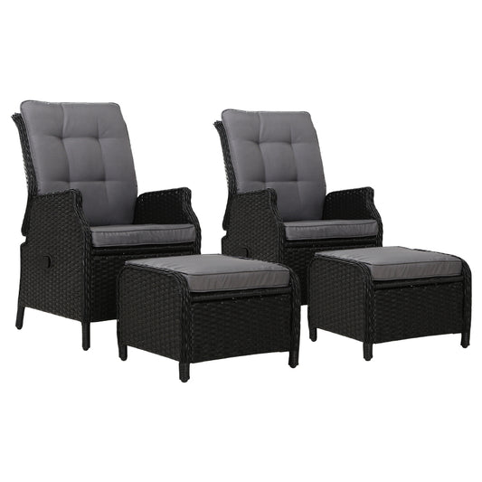 Marlook 2PC Recliner Chair Sun lounge Wicker Lounger Outdoor Furniture Adjustable Black