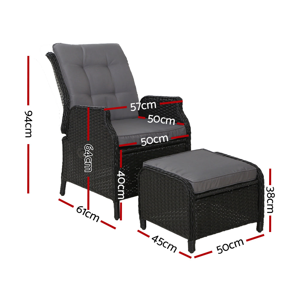 Marlook 2PC Recliner Chair Sun lounge Wicker Lounger Outdoor Furniture Adjustable Black