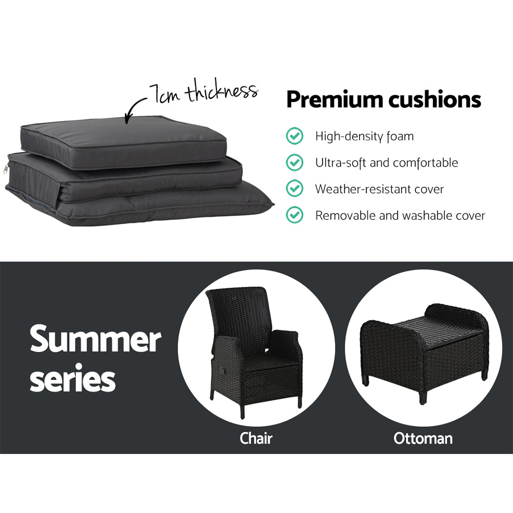 Marlook 2PC Recliner Chair Sun lounge Wicker Lounger Outdoor Furniture Adjustable Black