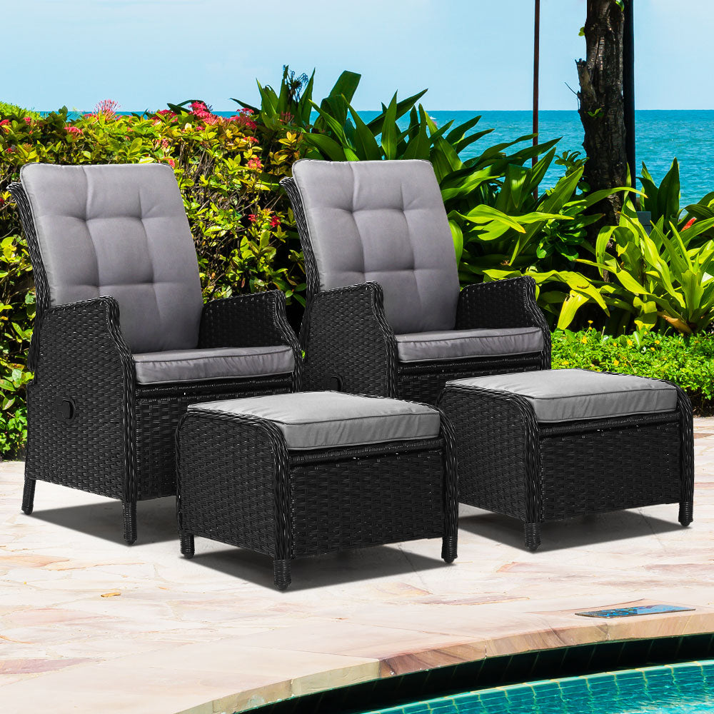 Marlook 2PC Recliner Chair Sun lounge Wicker Lounger Outdoor Furniture Adjustable Black
