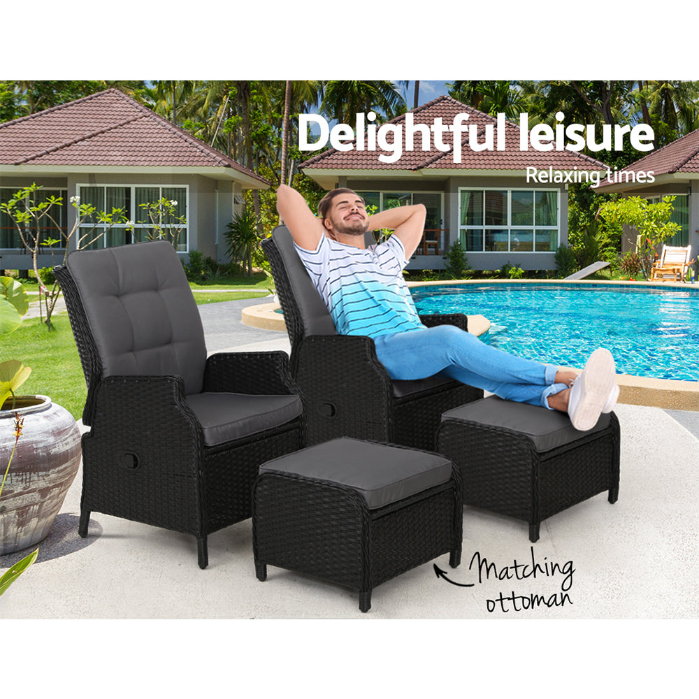 Marlook 2PC Recliner Chair Sun lounge Wicker Lounger Outdoor Furniture Adjustable Black