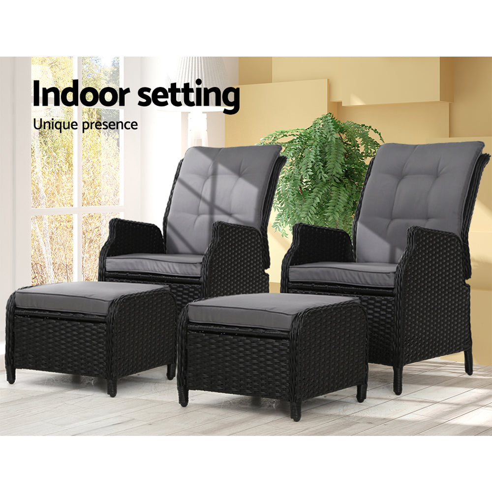 Marlook 2PC Recliner Chair Sun lounge Wicker Lounger Outdoor Furniture Adjustable Black