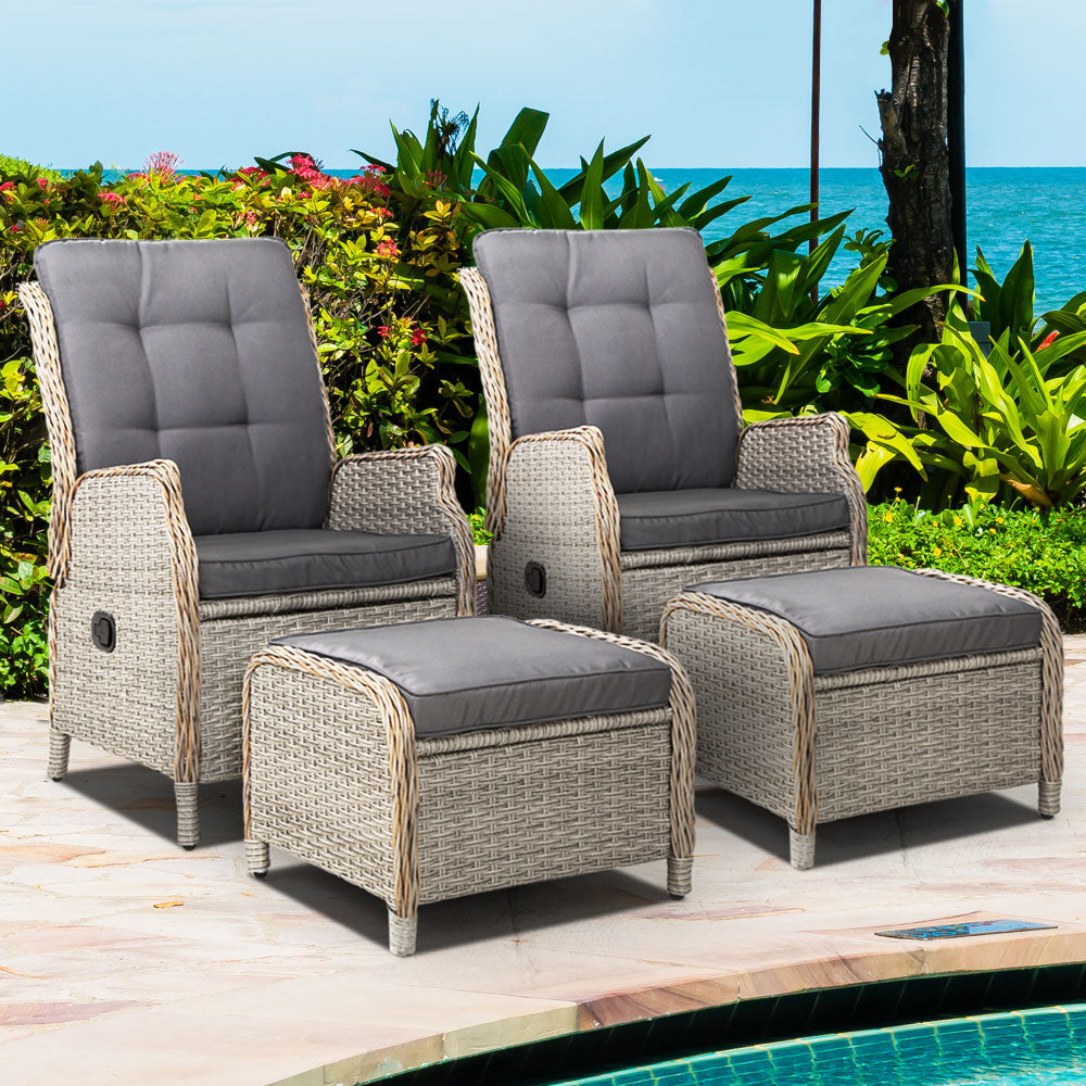 Marlook 2PC Recliner Chair Sun lounge Wicker Lounger Outdoor Furniture Adjustable Grey