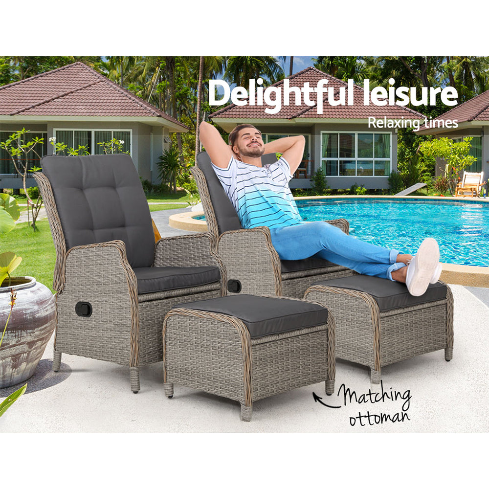Marlook 2PC Recliner Chair Sun lounge Wicker Lounger Outdoor Furniture Adjustable Grey