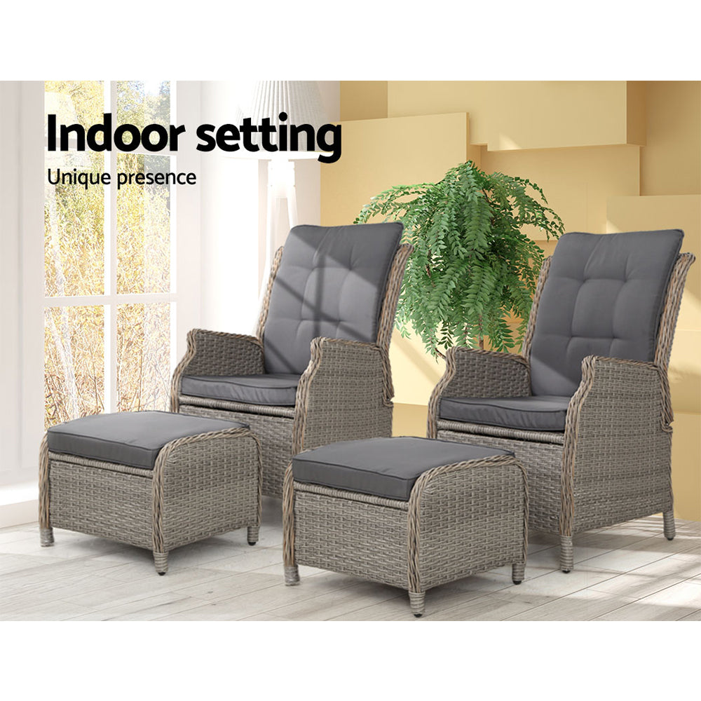 Marlook 2PC Recliner Chair Sun lounge Wicker Lounger Outdoor Furniture Adjustable Grey