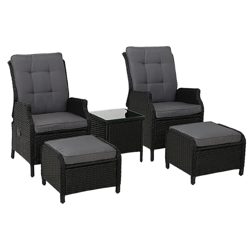 Marlook 5PC Recliner Chairs Table Sun lounge Wicker Outdoor Furniture Adjustable Black