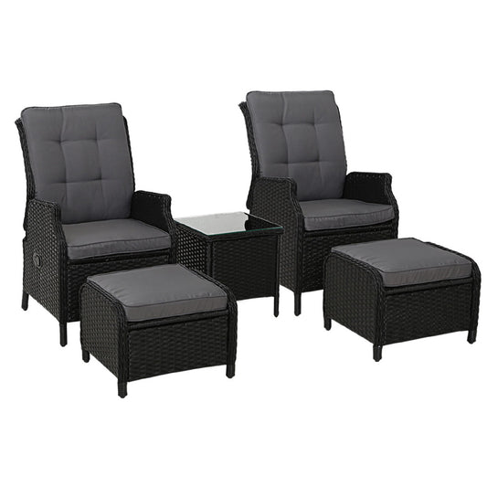 Marlook 5PC Recliner Chairs Table Sun lounge Wicker Outdoor Furniture Adjustable Black