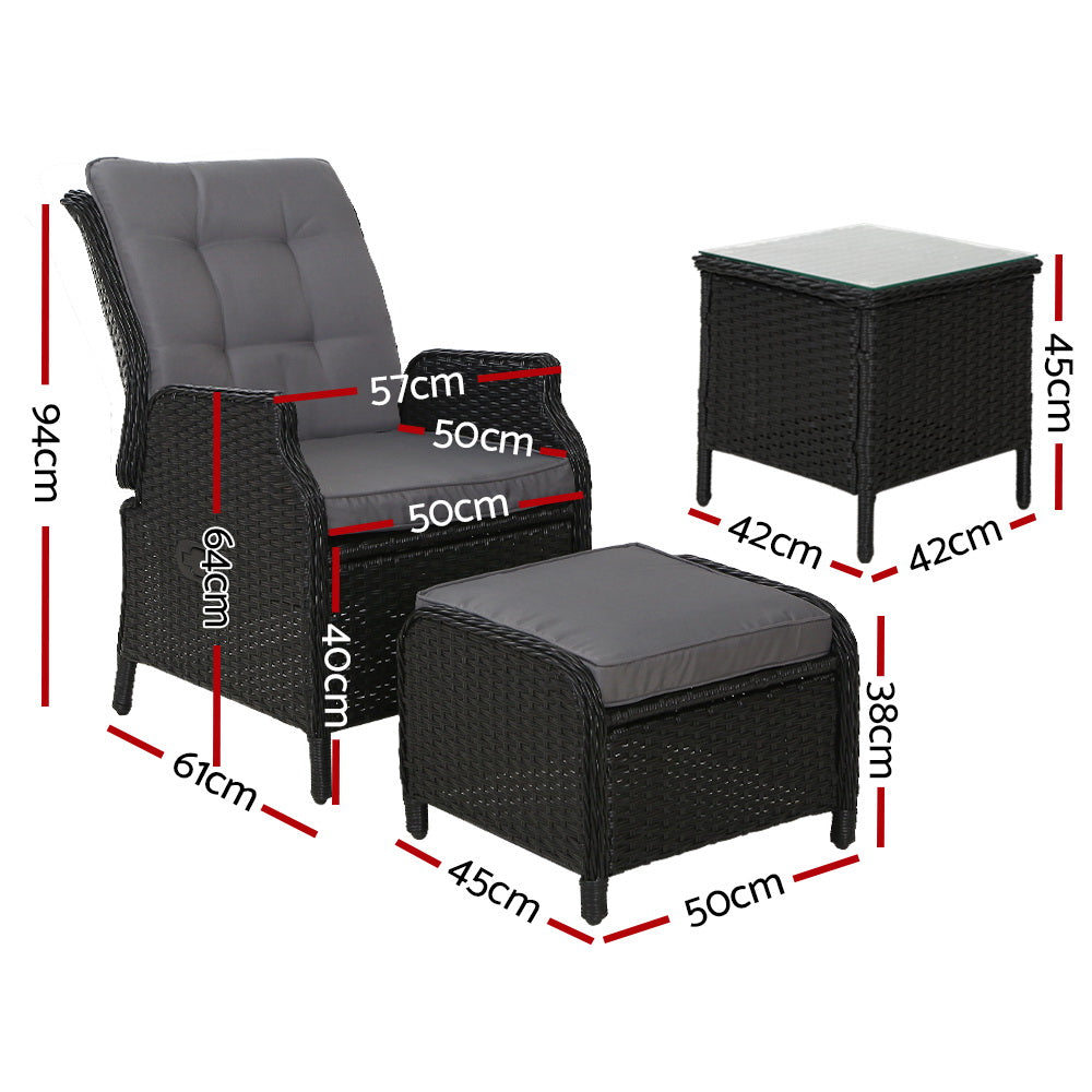 Marlook 5PC Recliner Chairs Table Sun lounge Wicker Outdoor Furniture Adjustable Black