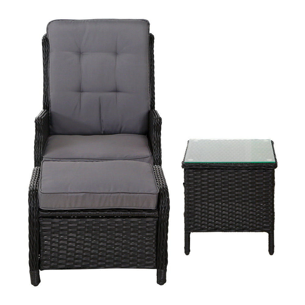 Marlook 5PC Recliner Chairs Table Sun lounge Wicker Outdoor Furniture Adjustable Black