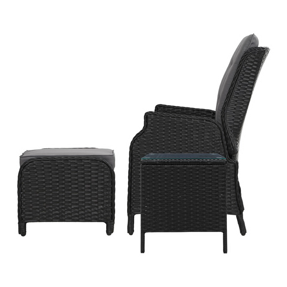 Marlook 5PC Recliner Chairs Table Sun lounge Wicker Outdoor Furniture Adjustable Black