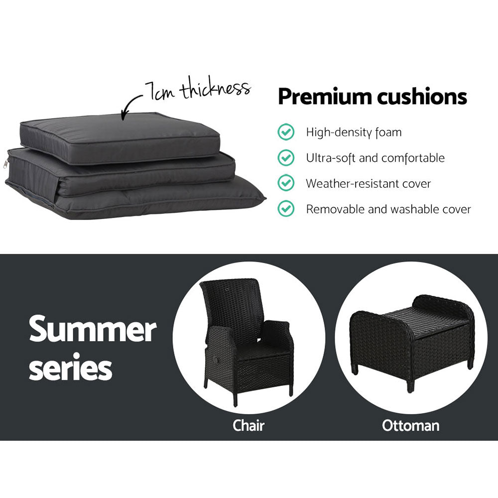 Marlook 5PC Recliner Chairs Table Sun lounge Wicker Outdoor Furniture Adjustable Black