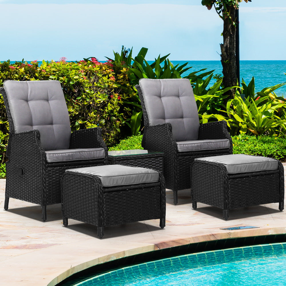 Marlook 5PC Recliner Chairs Table Sun lounge Wicker Outdoor Furniture Adjustable Black