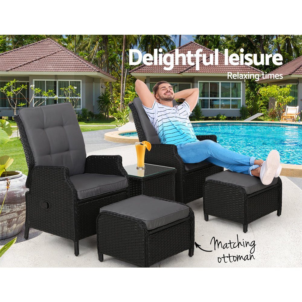 Marlook 5PC Recliner Chairs Table Sun lounge Wicker Outdoor Furniture Adjustable Black
