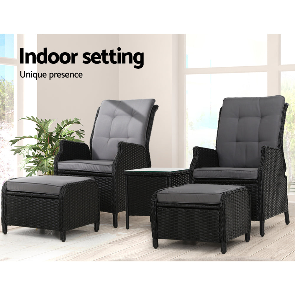 Marlook 5PC Recliner Chairs Table Sun lounge Wicker Outdoor Furniture Adjustable Black