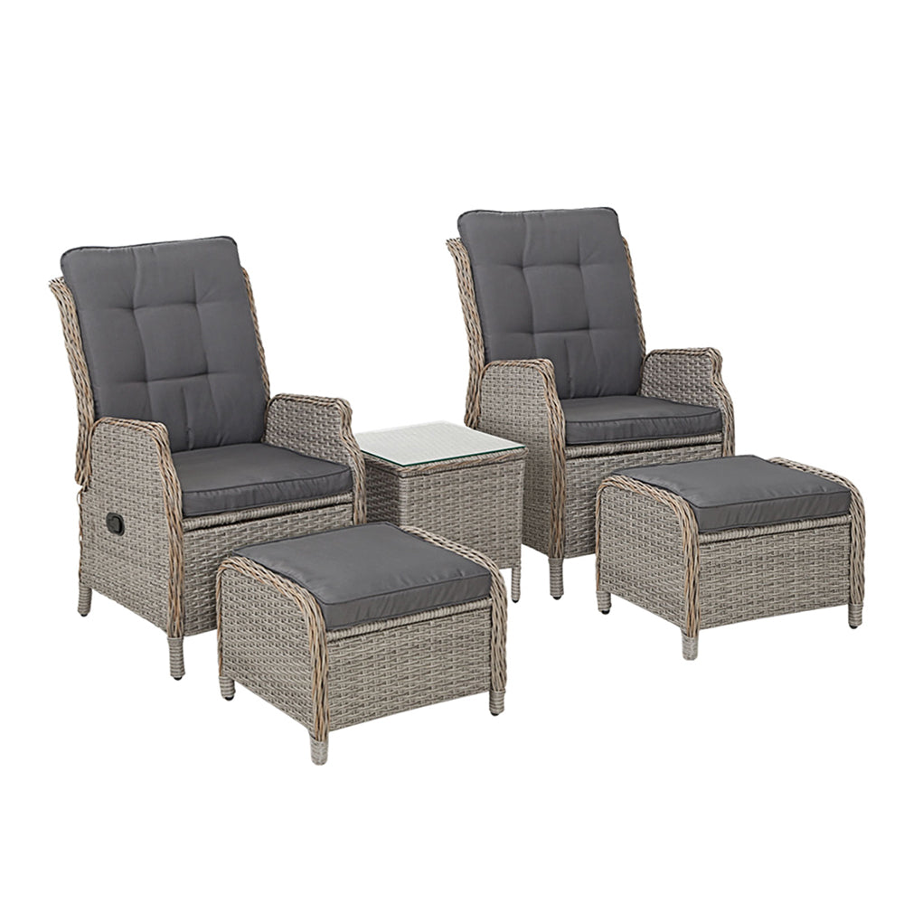 Marlook 5PC Recliner Chairs Table Sun lounge Wicker Outdoor Furniture Adjustable Grey