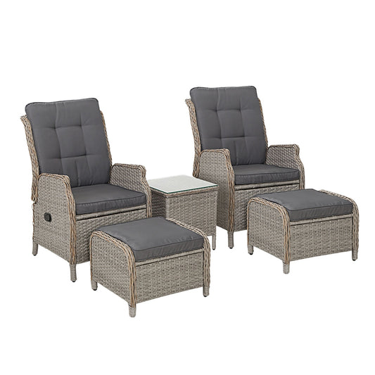 Marlook 5PC Recliner Chairs Table Sun lounge Wicker Outdoor Furniture Adjustable Grey