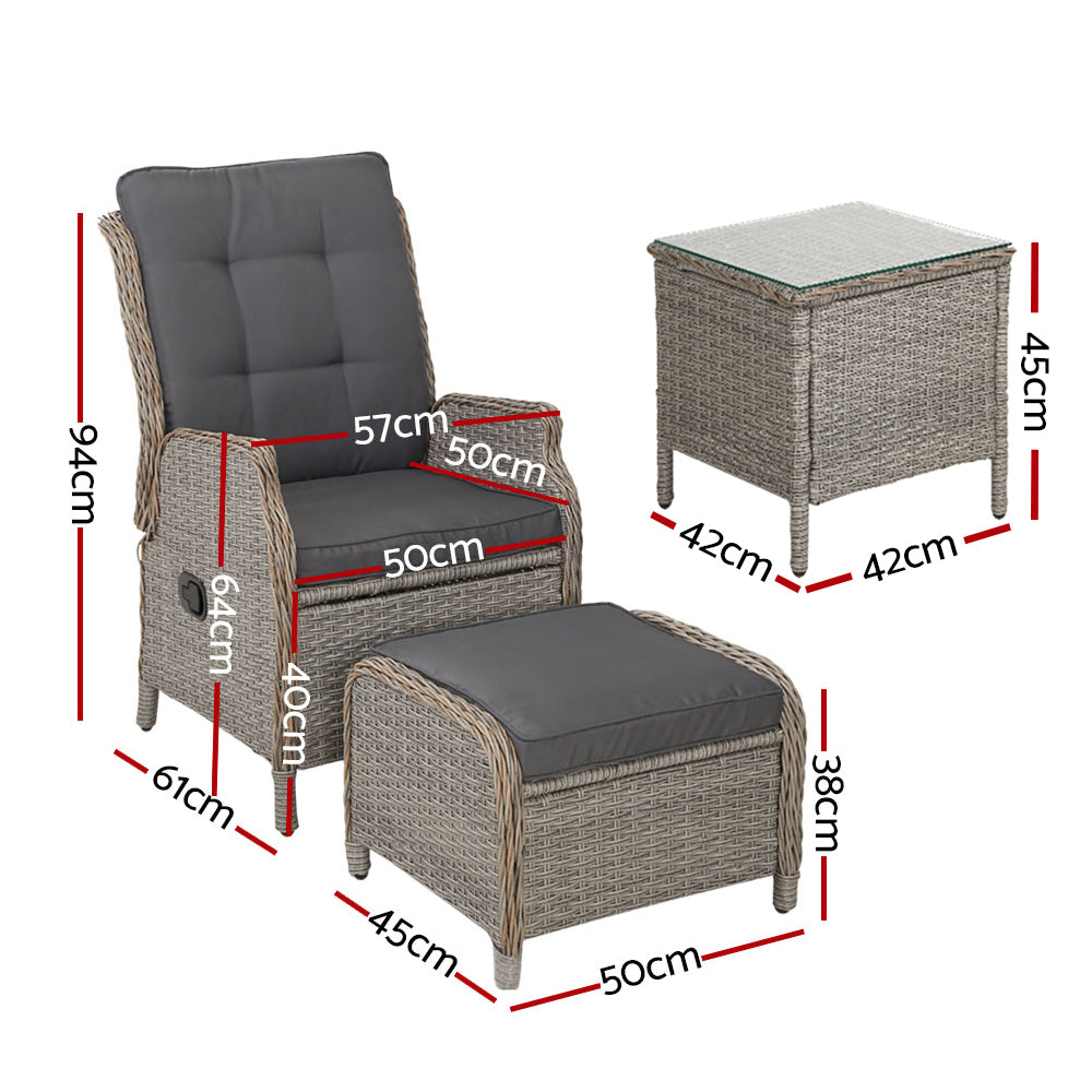 Marlook 5PC Recliner Chairs Table Sun lounge Wicker Outdoor Furniture Adjustable Grey