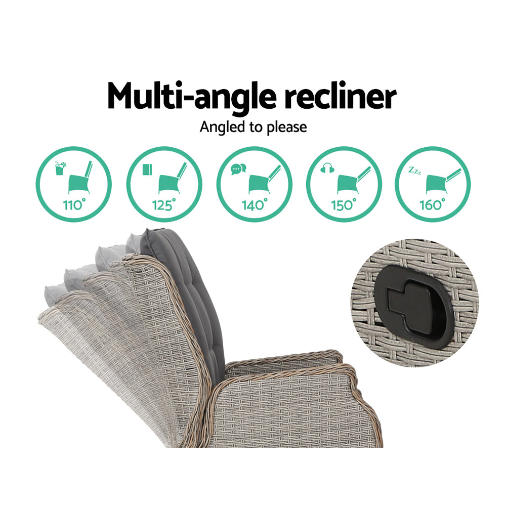 Marlook 5PC Recliner Chairs Table Sun lounge Wicker Outdoor Furniture Adjustable Grey