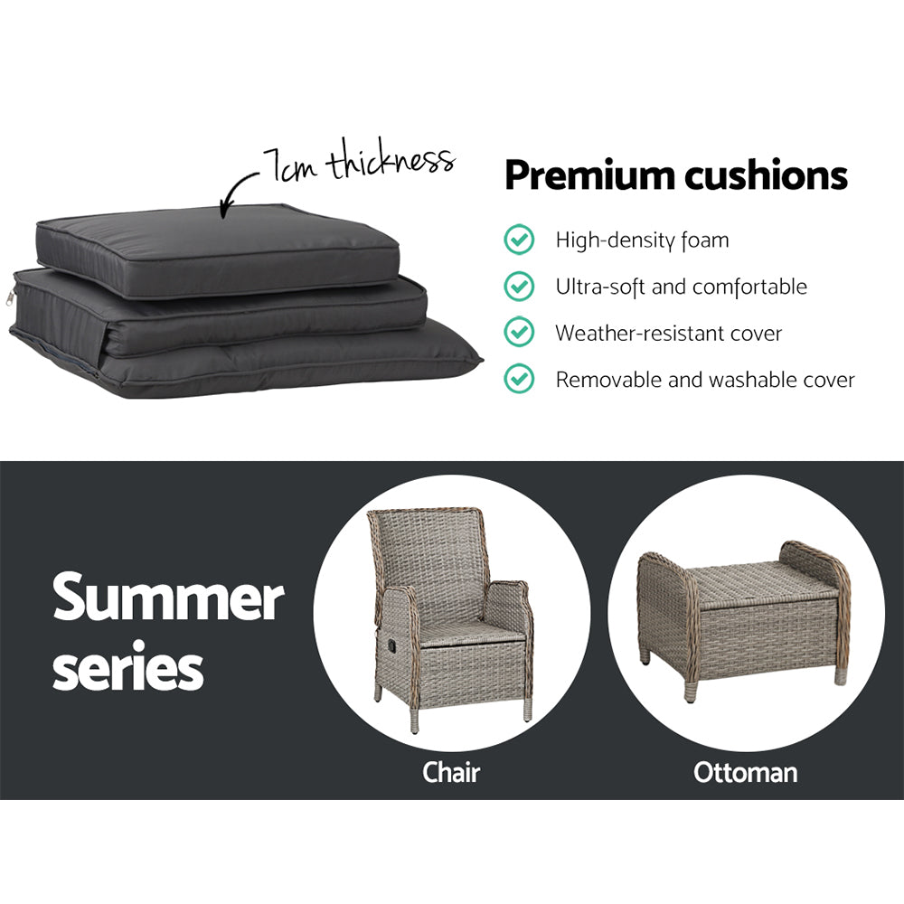 Marlook 5PC Recliner Chairs Table Sun lounge Wicker Outdoor Furniture Adjustable Grey