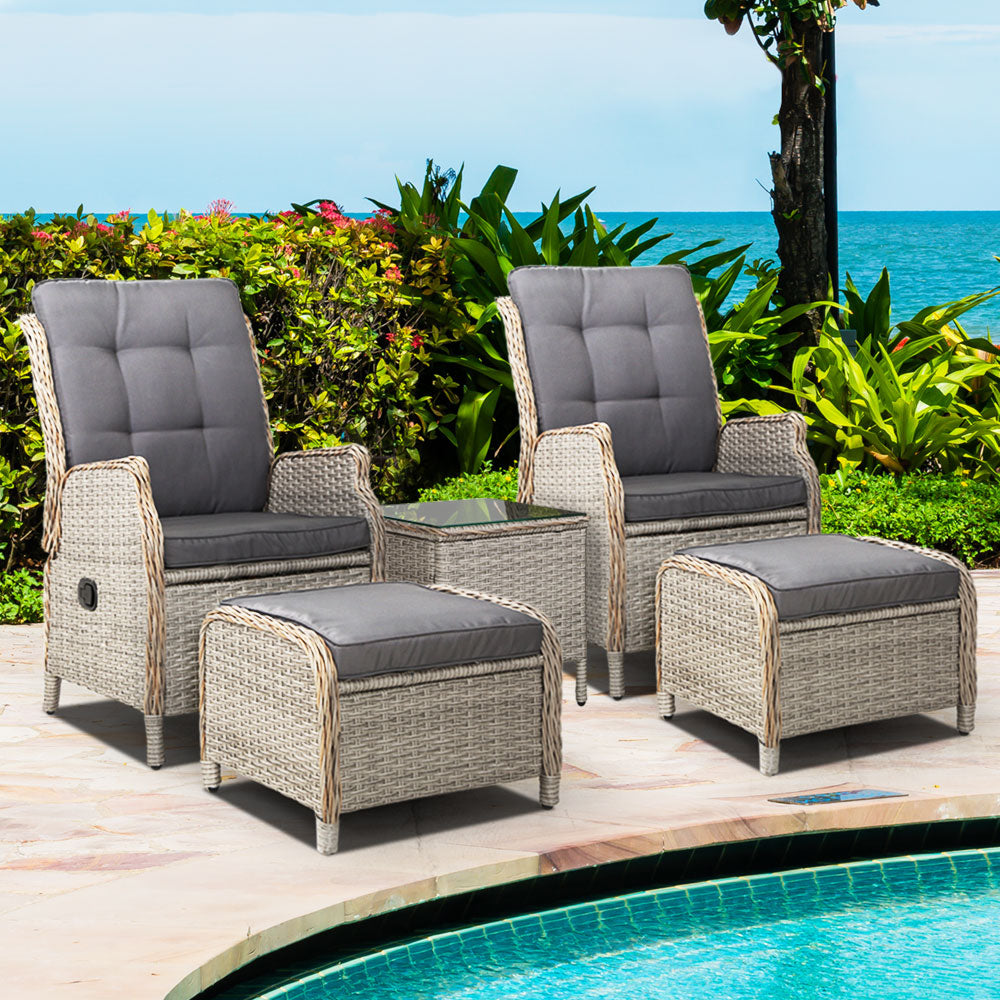 Marlook 5PC Recliner Chairs Table Sun lounge Wicker Outdoor Furniture Adjustable Grey