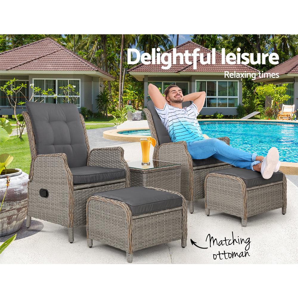 Marlook 5PC Recliner Chairs Table Sun lounge Wicker Outdoor Furniture Adjustable Grey