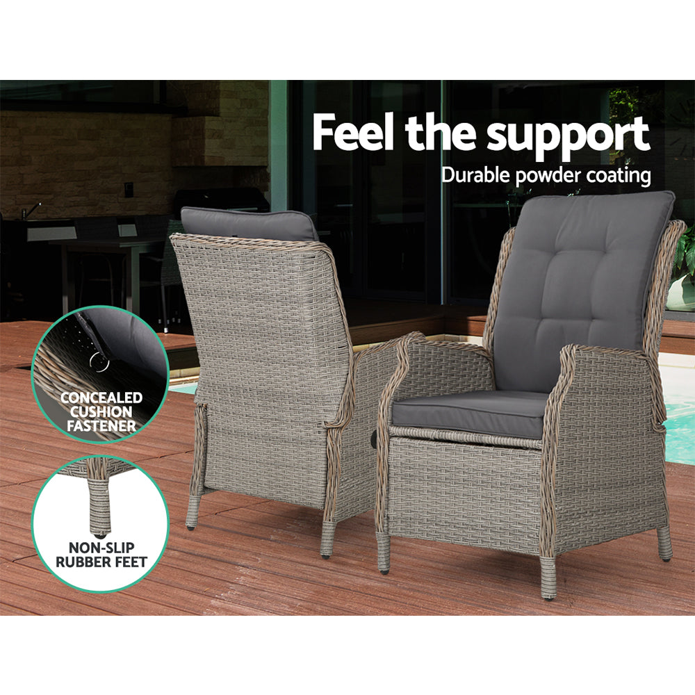 Marlook 5PC Recliner Chairs Table Sun lounge Wicker Outdoor Furniture Adjustable Grey