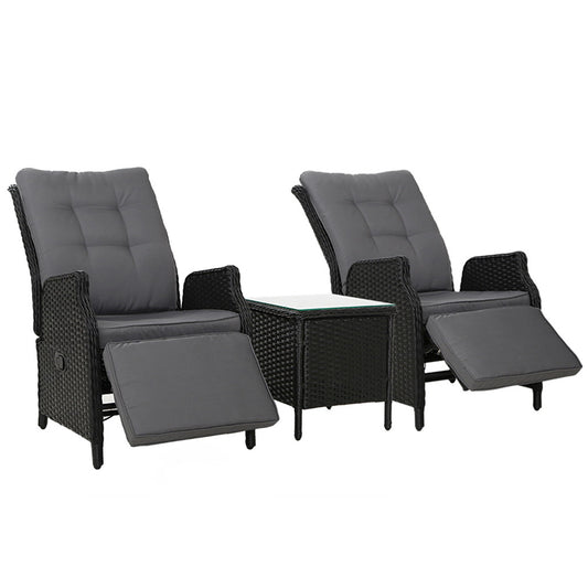 Marlook 3PC Recliner Chairs Table Sun lounge Outdoor Furniture Wicker Adjustable Black